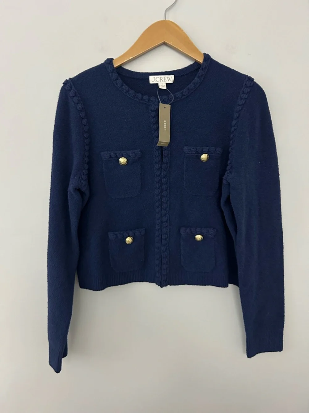 NWT J.Crew Odette Navy Braided Trim Cardigan with Gold Buttons - Picture 2 of 6